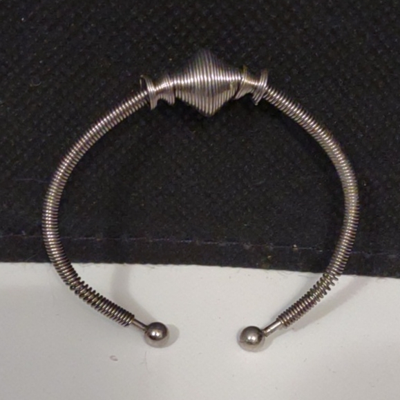 Silver  Stainless Steel Beaded Open Cuff Bracelet 6 1/4" Adjustable  Metal Silv - Picture 4 of 5